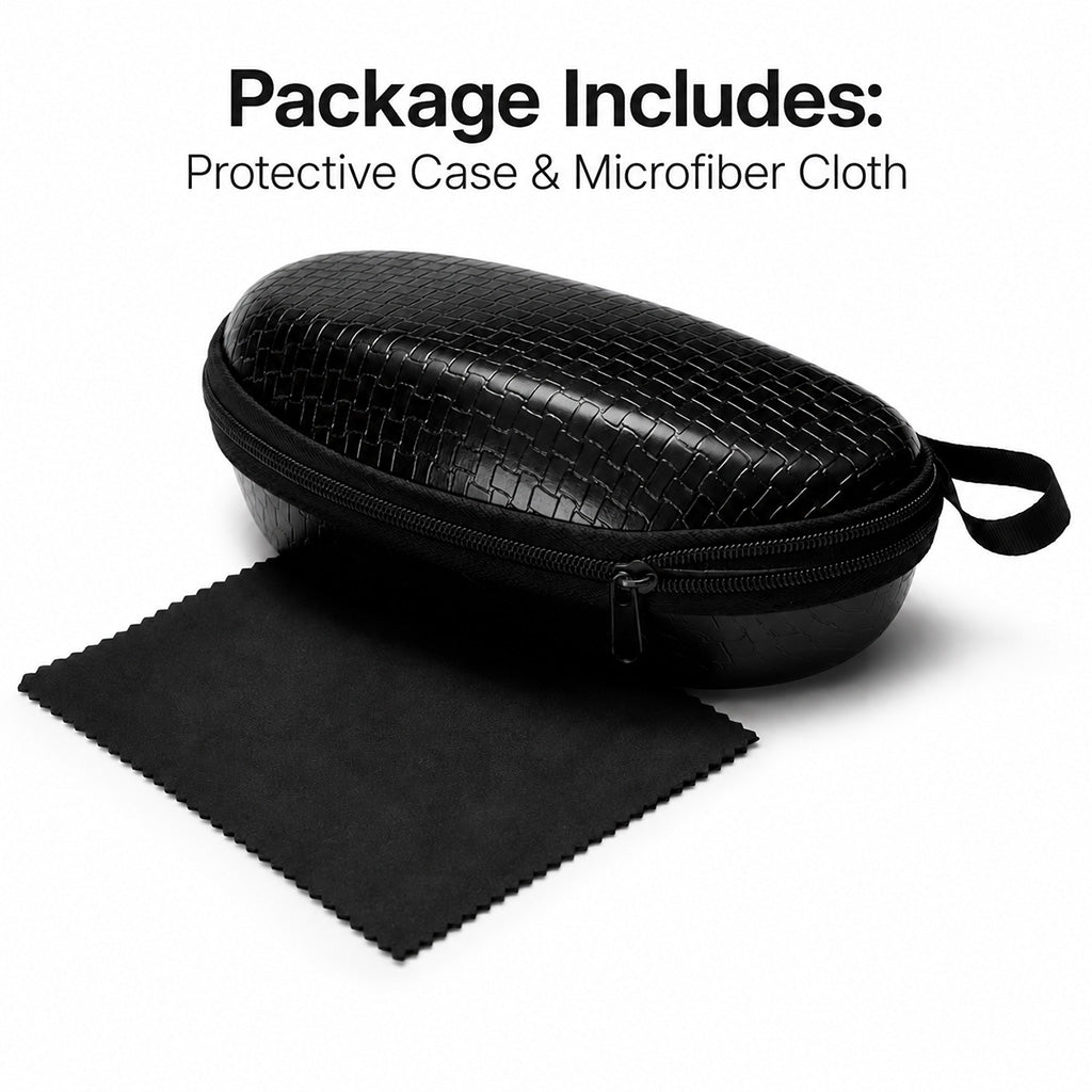 Black protective case and microfiber cloth on a white background