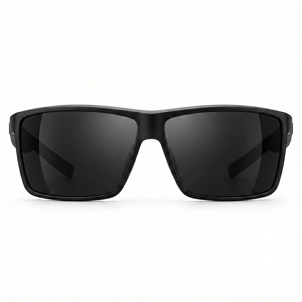 Black sunglasses with dark lenses on a white background
