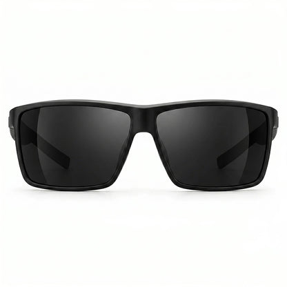 Black sunglasses with dark lenses on a white background