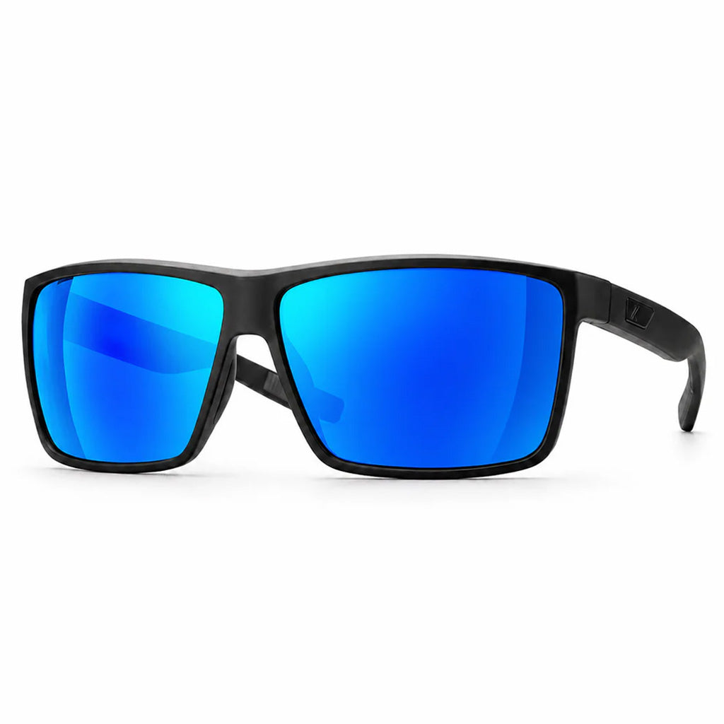 Sunglasses with blue reflective lenses and black frame on a white background