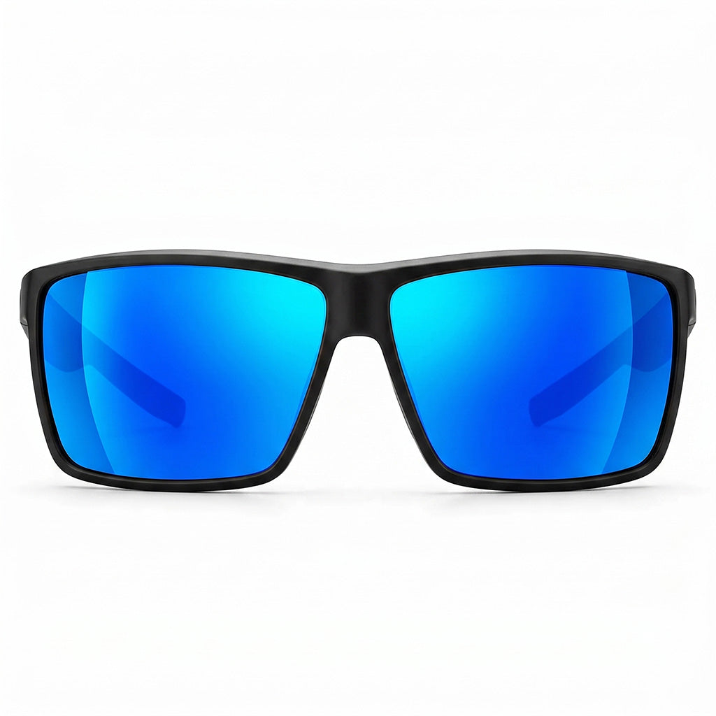 Sunglasses with blue reflective lenses and black frame on a white background