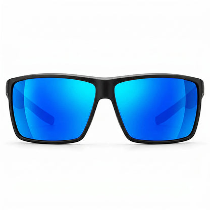 Sunglasses with blue reflective lenses and black frame on a white background