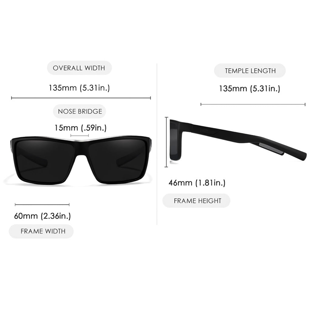 Black sunglasses with measurements on a white background