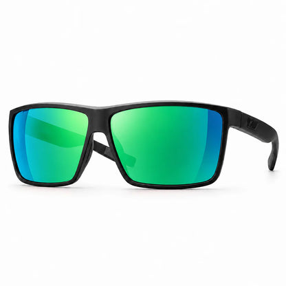 Sunglasses with green reflective lenses and black frames on a white background