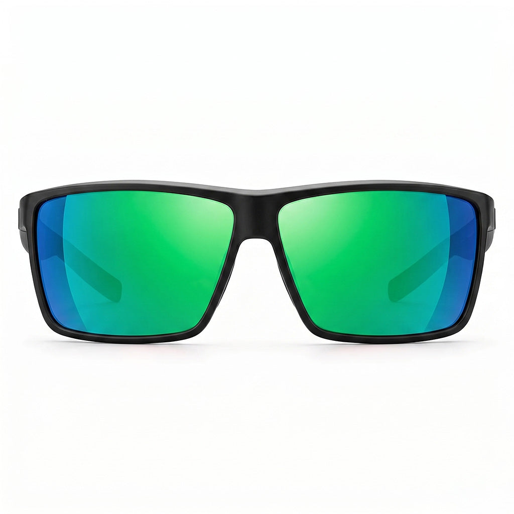 Sunglasses with green reflective lenses and black frame on a white background