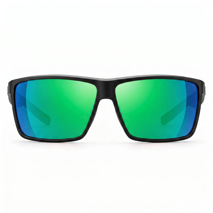 Sunglasses with green reflective lenses and black frame on a white background