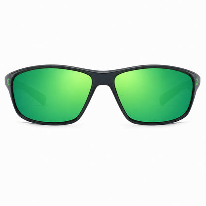 Sunglasses with green lenses and black frames on a white background