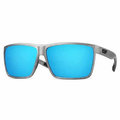 Sunglasses with blue lenses and silver frame on a white background