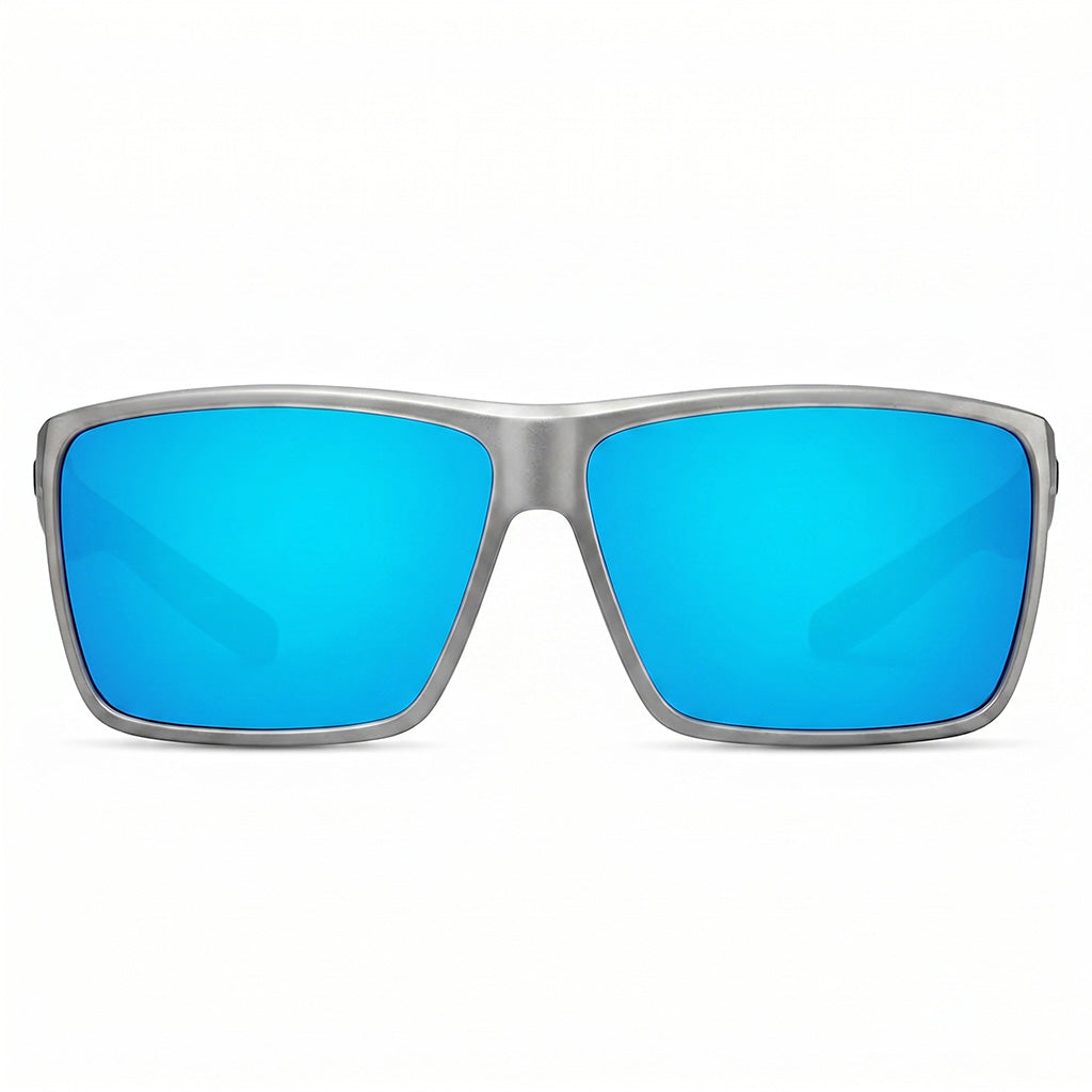Sunglasses with blue lenses and silver frame on a white background