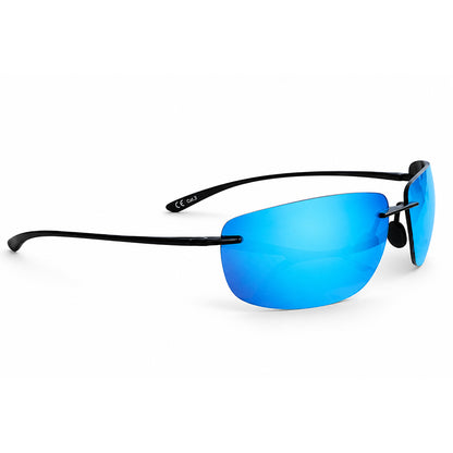 Black rimless sunglasses with vibrant blue mirrored lenses, shown from a three-quarters angle on a clean white background.