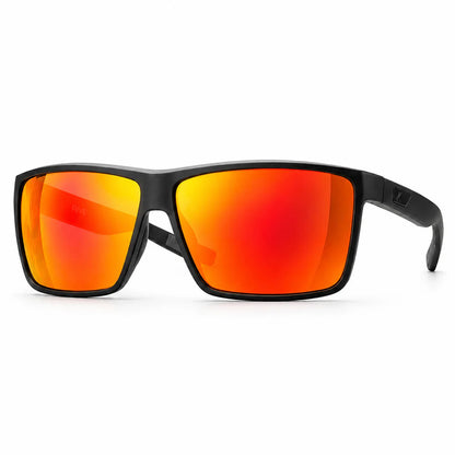 Sunglasses with black frame and orange-red reflective lenses on a white background