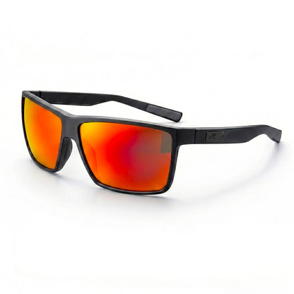 Sunglasses with black frame and red-orange lenses on a white background