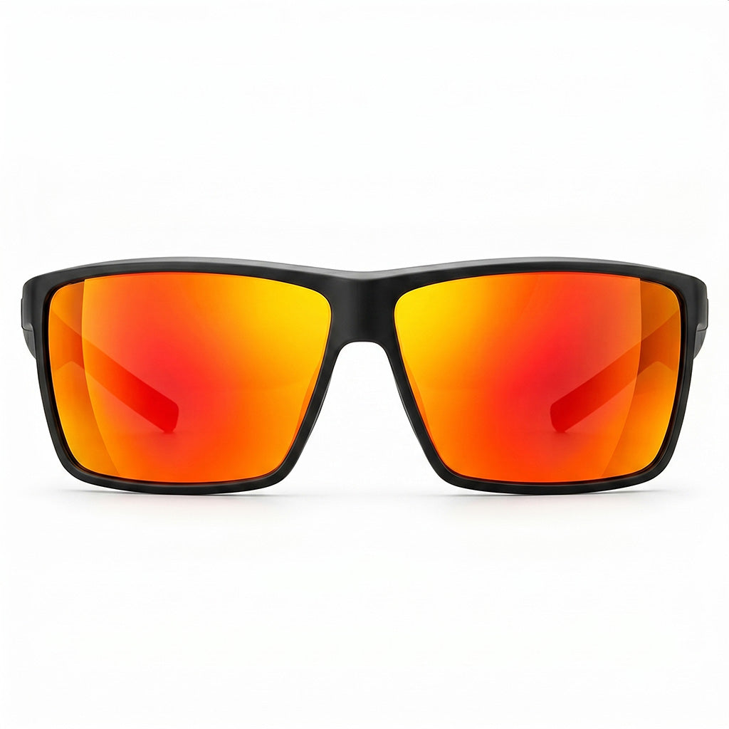 Sunglasses with black frame and red-orange lenses on a white background