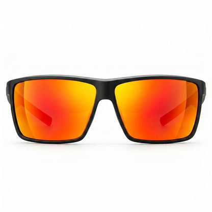 Sunglasses with black frame and red-orange lenses on a white background